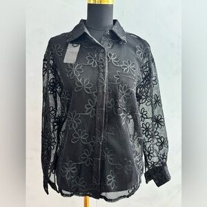 Sheer Floral Crochet Button-Up Top — Black